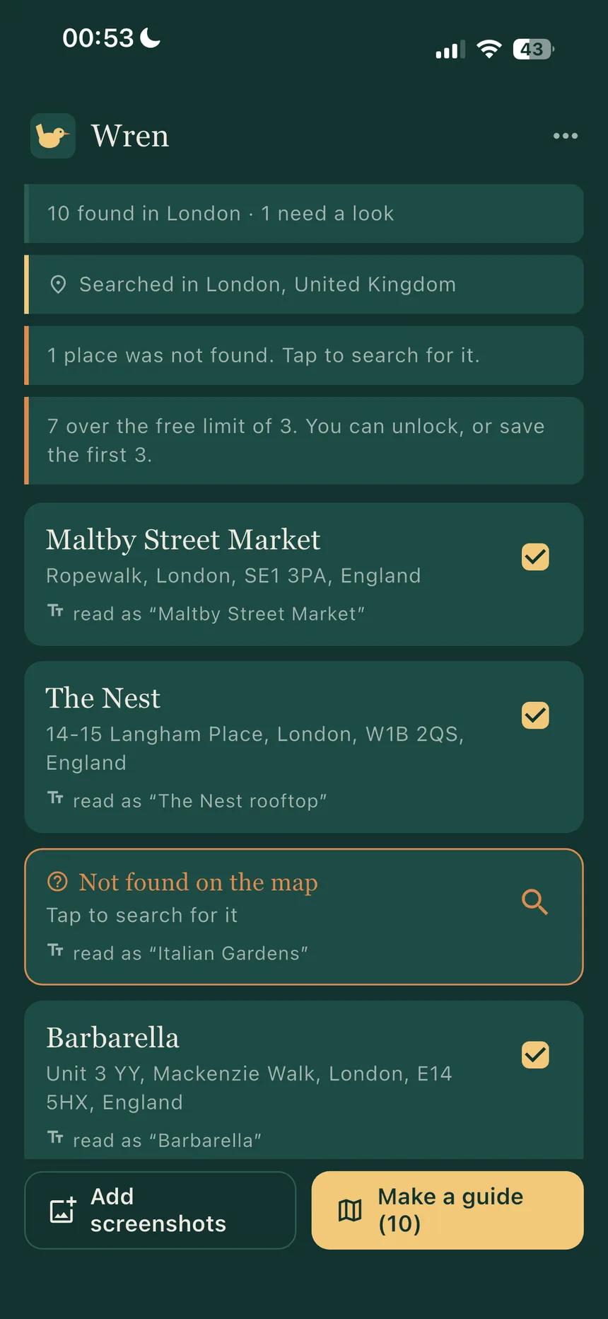 Wren's list of places read from screenshots, each showing the name it matched and the text it was read from.