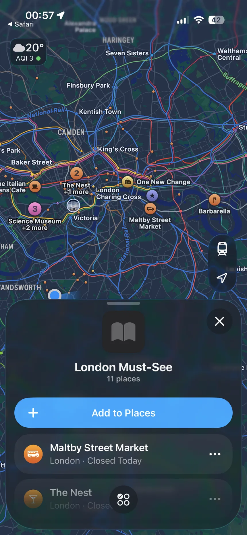 The finished guide open in Apple Maps, holding eleven places across London.